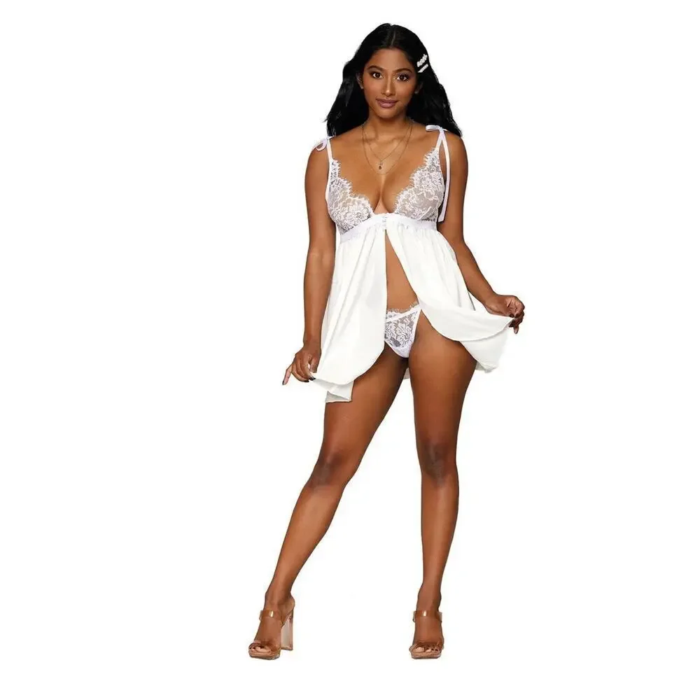 🦋B2G1🦋DREAMGIRL Satin & Eyelash Lace BRIDAL Babydoll With Matching G-String Set - Picture 3 of 6